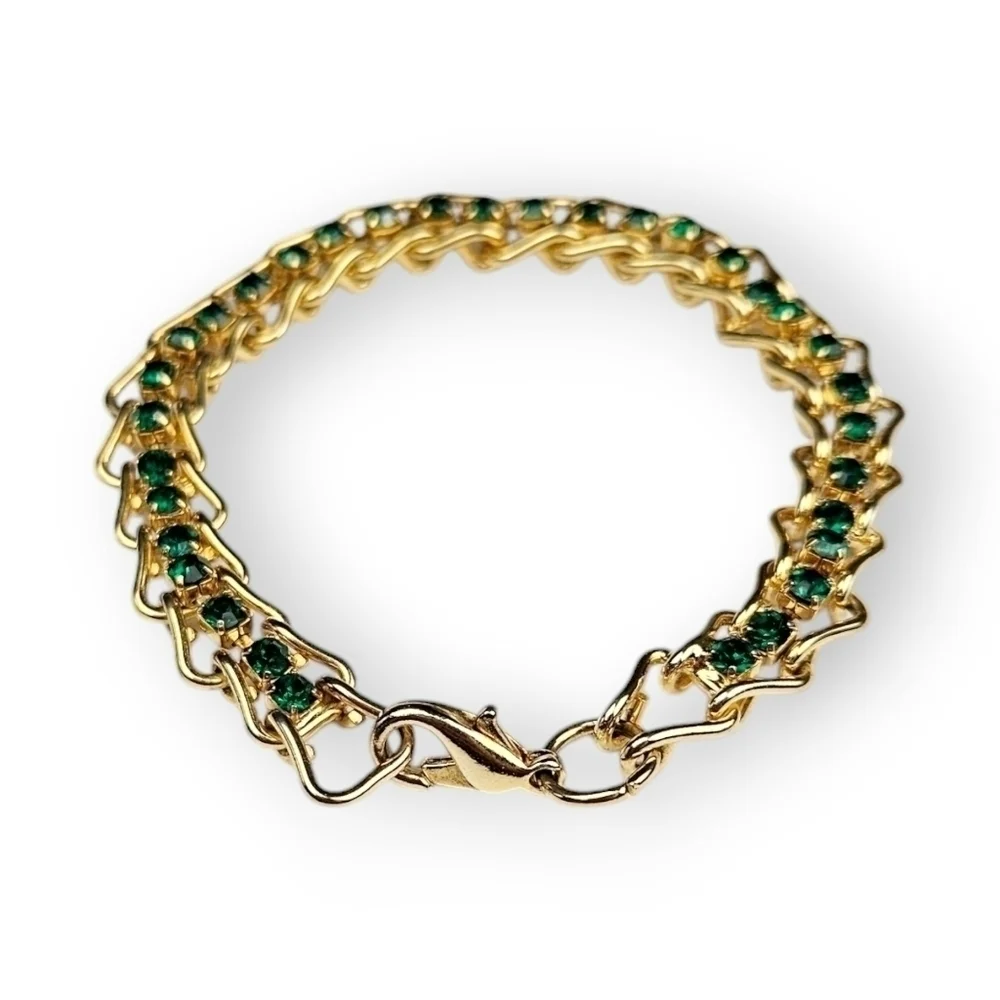 Emerald Green Rhinestone Hook Chain Bracelet Gold Plated Vintage 90s 7.25